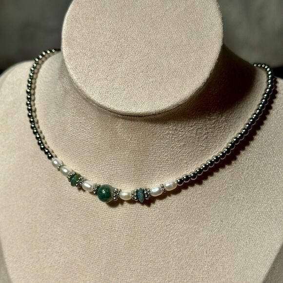 Moss Agate Layer Necklace for Women Gold Silver Pearl Green Beaded Handmade - Picture 3 of 5